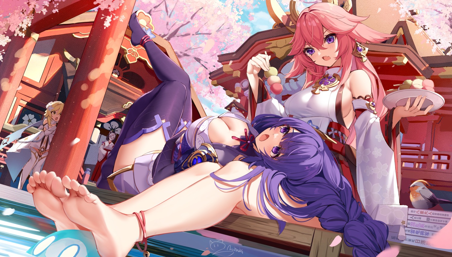 feet genshin_impact japanese_clothes kazari lumine miko nahaki no_bra raiden_shogun thighhighs yae_miko