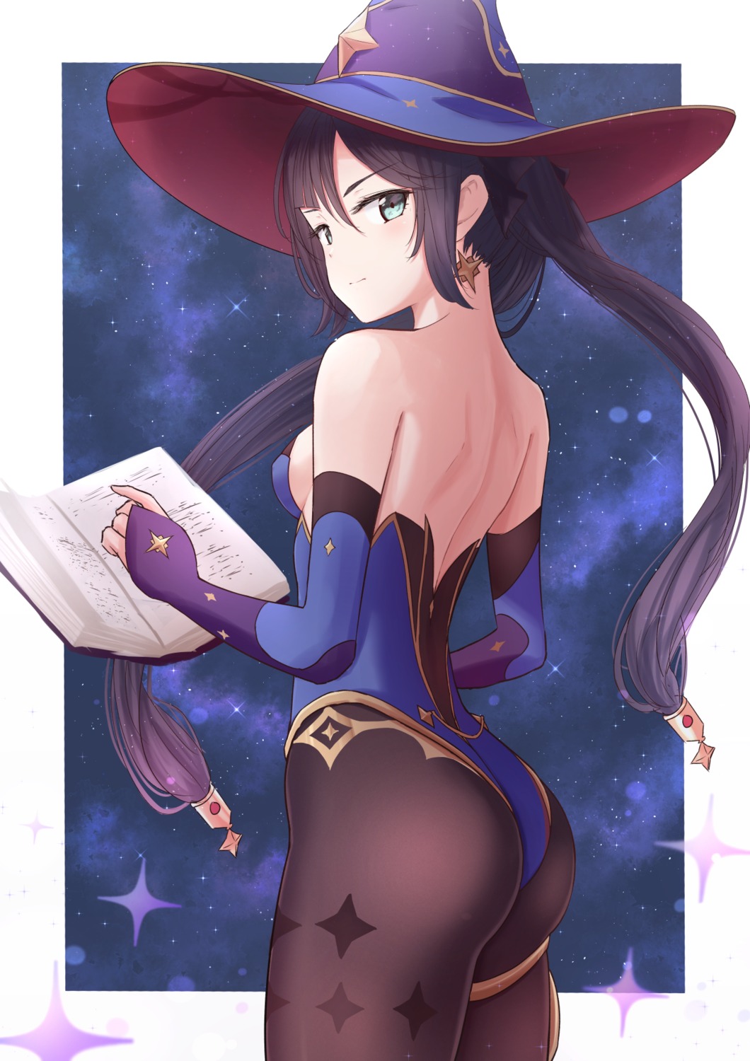 ass garter genshin_impact leotard marinesnow mona_megistus no_bra pantyhose witch