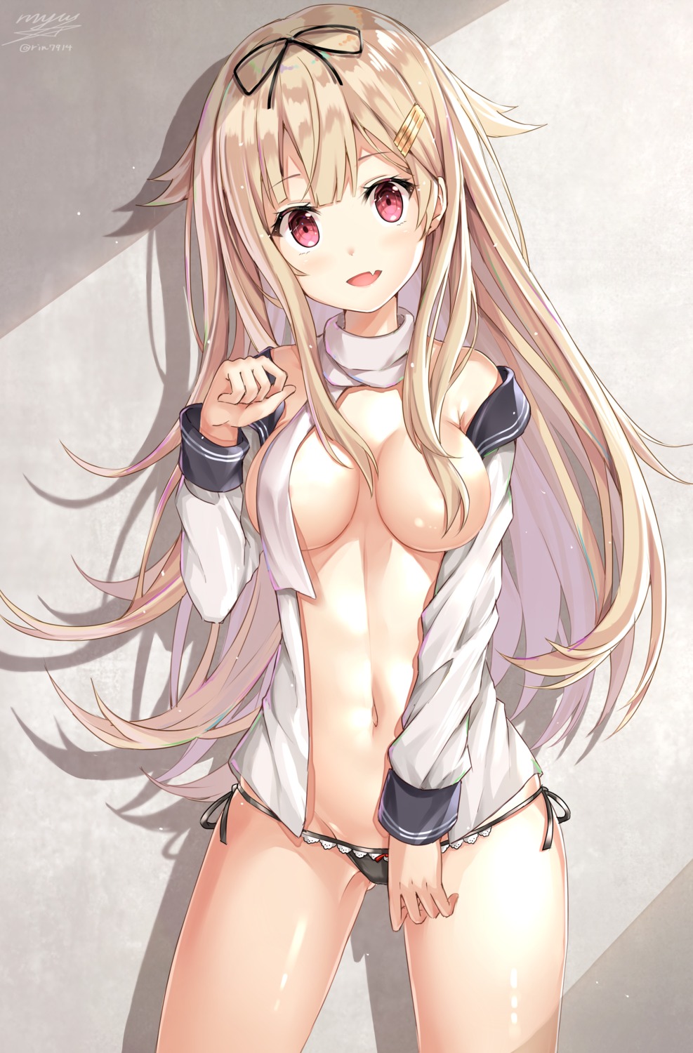 breasts kantai_collection no_bra open_shirt pantsu rin_yuu seifuku string_panties yuudachi_(kancolle)