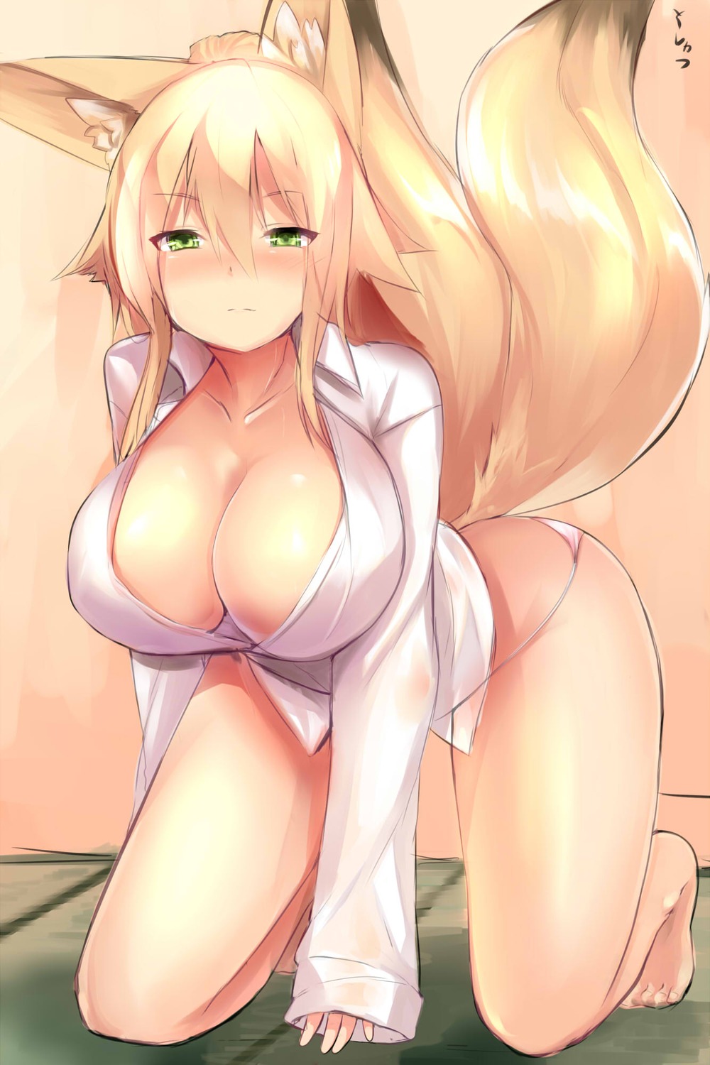 animal_ears dress_shirt haik kitsune no_bra open_shirt pantsu see_through tail