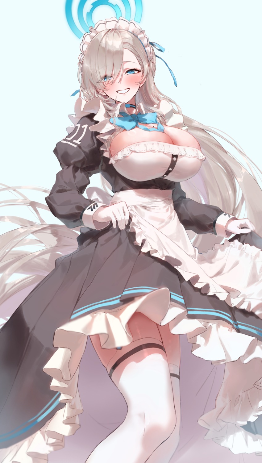 blue_archive dentaku_music halo ichinose_asuna maid no_bra skirt_lift thighhighs