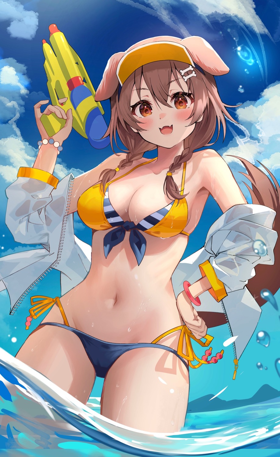 animal_ears bikini dodota gun hololive hololive_gamers inugami_korone inumimi open_shirt see_through swimsuits wet