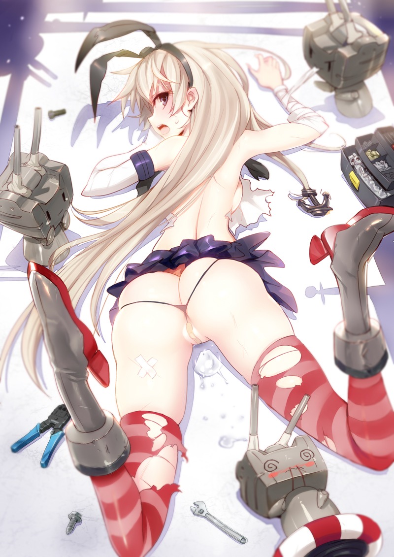 @clare ass kantai_collection maebari rensouhou-chan shimakaze_(kancolle) thighhighs thong torn_clothes