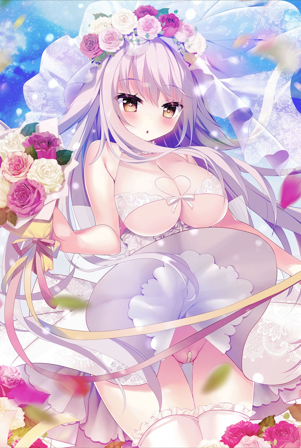 bandaid dress maebari no_bra nopan pussy shiromochi_sakura skirt_lift thighhighs uncensored wedding_dress