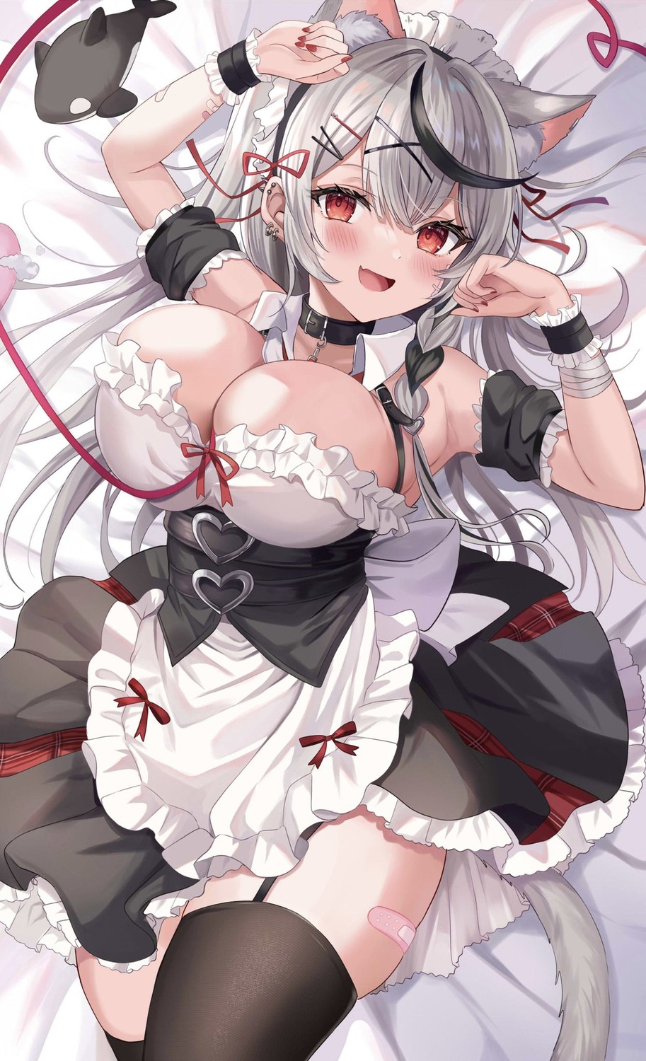 animal_ears bandaid hololive maid nekomimi no_bra retsuto sakamata_chloe skirt_lift stockings tail thighhighs