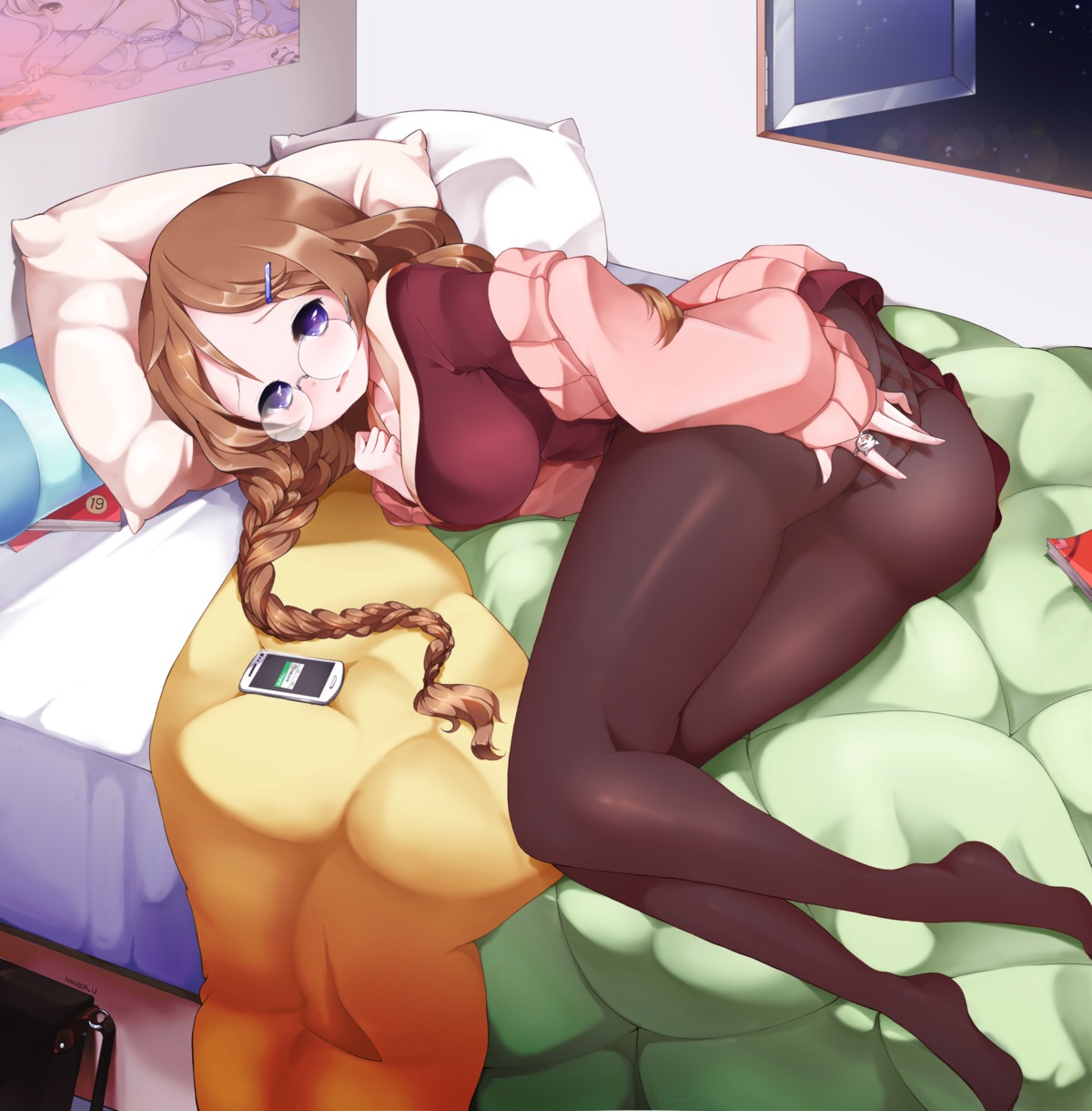 ass breast_hold cameltoe cleavage kanola_u masturbation megane open_shirt pantsu pantyhose shimapan skirt_lift sweater