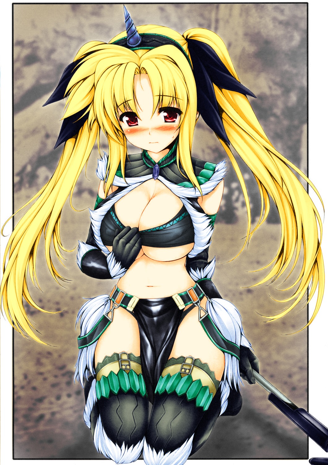 cleavage cosplay fate_testarossa kirin mahou_shoujo_lyrical_nanoha mahou_shoujo_lyrical_nanoha_strikers monster_hunter thighhighs uni8