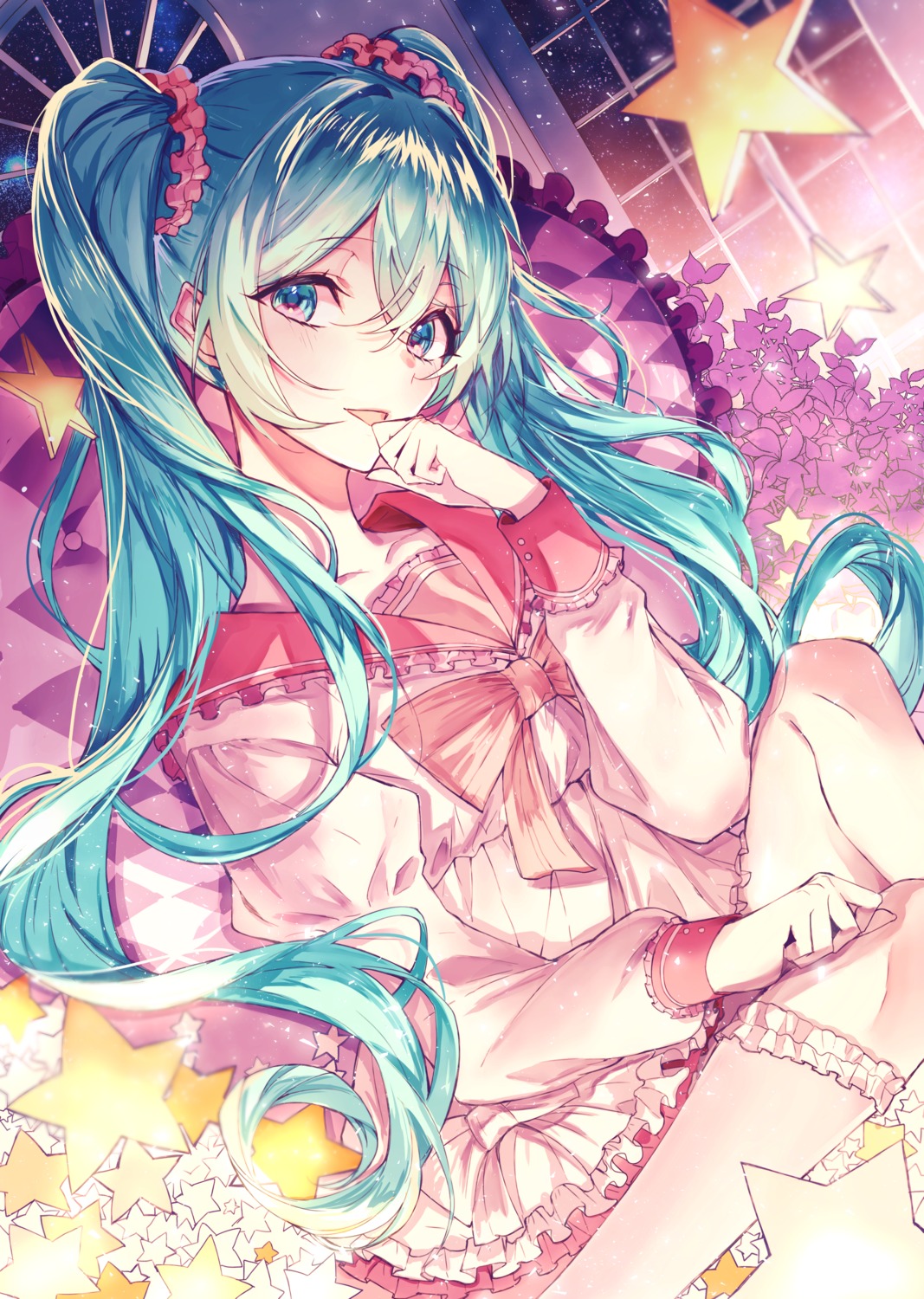 dress ggatip hatsune_miku skirt_lift thighhighs vocaloid