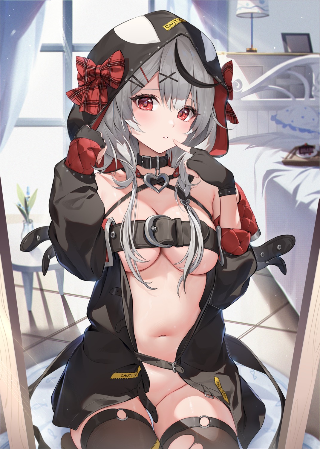 bottomless hololive houkisei no_bra open_shirt sakamata_chloe thighhighs torn_clothes