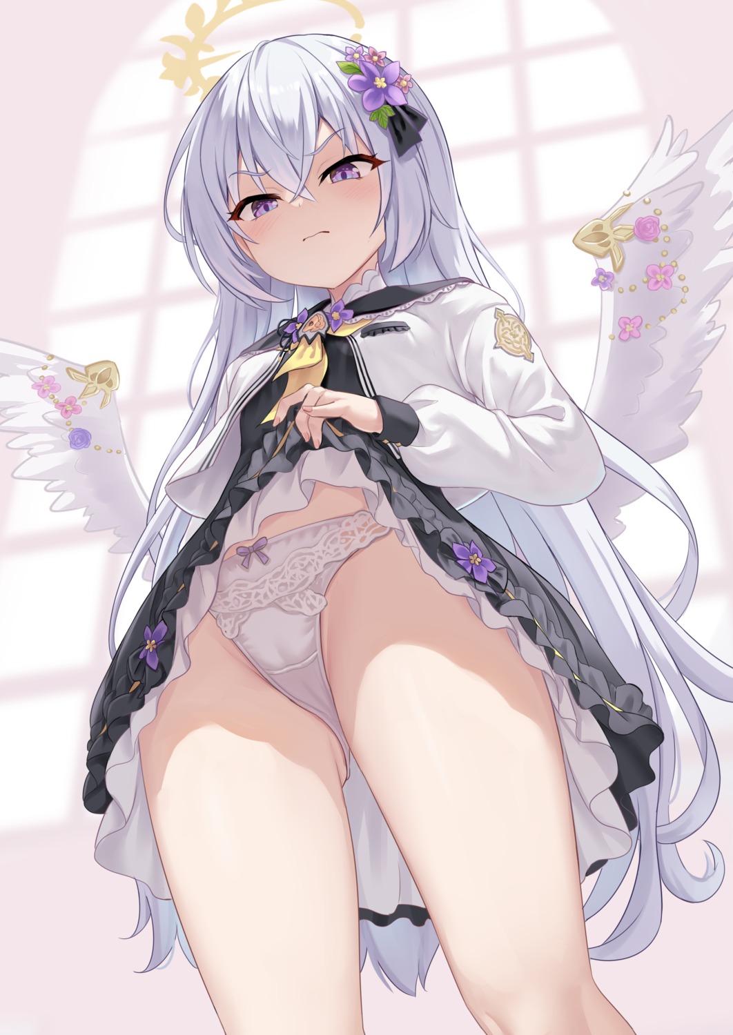 angel blue_archive cameltoe loli milkshake pantsu seifuku shirasu_azusa skirt_lift undressing wings