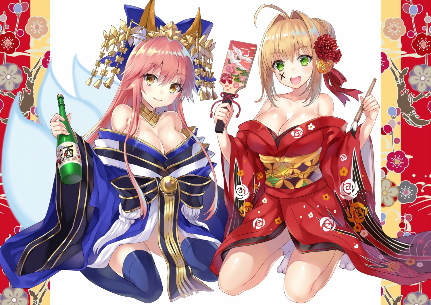 animal_ears cleavage fate/extra fate/grand_order fate/stay_night harimoji kimono kitsune open_shirt saber_extra sake tail tamamo_no_mae thighhighs