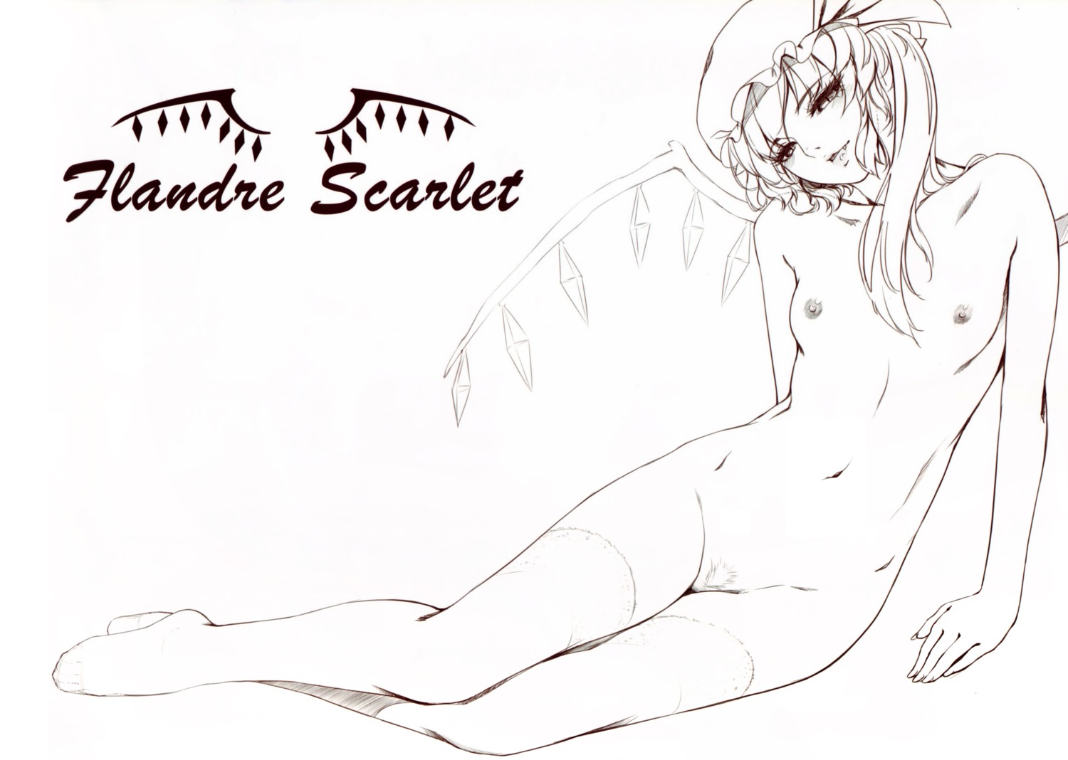 flandre_scarlet monochrome naked pubic_hair rail_(silverbow) thighhighs touhou yuugen_muhen