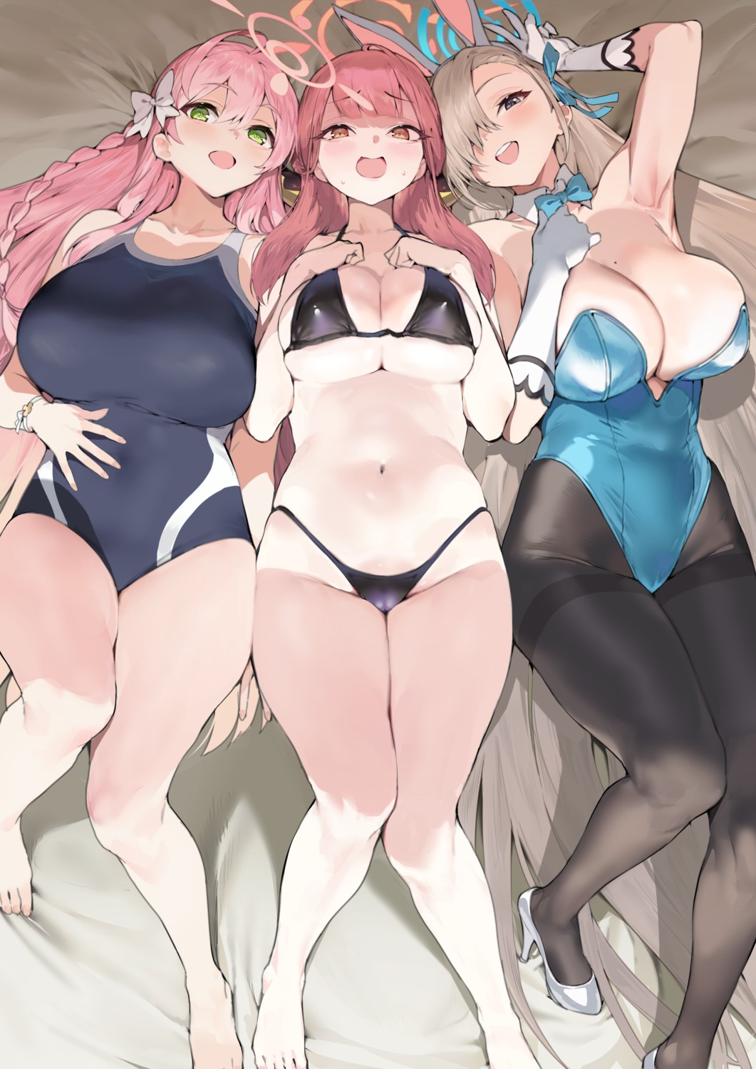 animal_ears bikini blue_archive bunny_ears bunny_girl cameltoe erect_nipples halo heels ichinose_asuna iku_(ikuchan_kaoru) no_bra pantyhose rikuhachima_aru swimsuits urawa_hanako