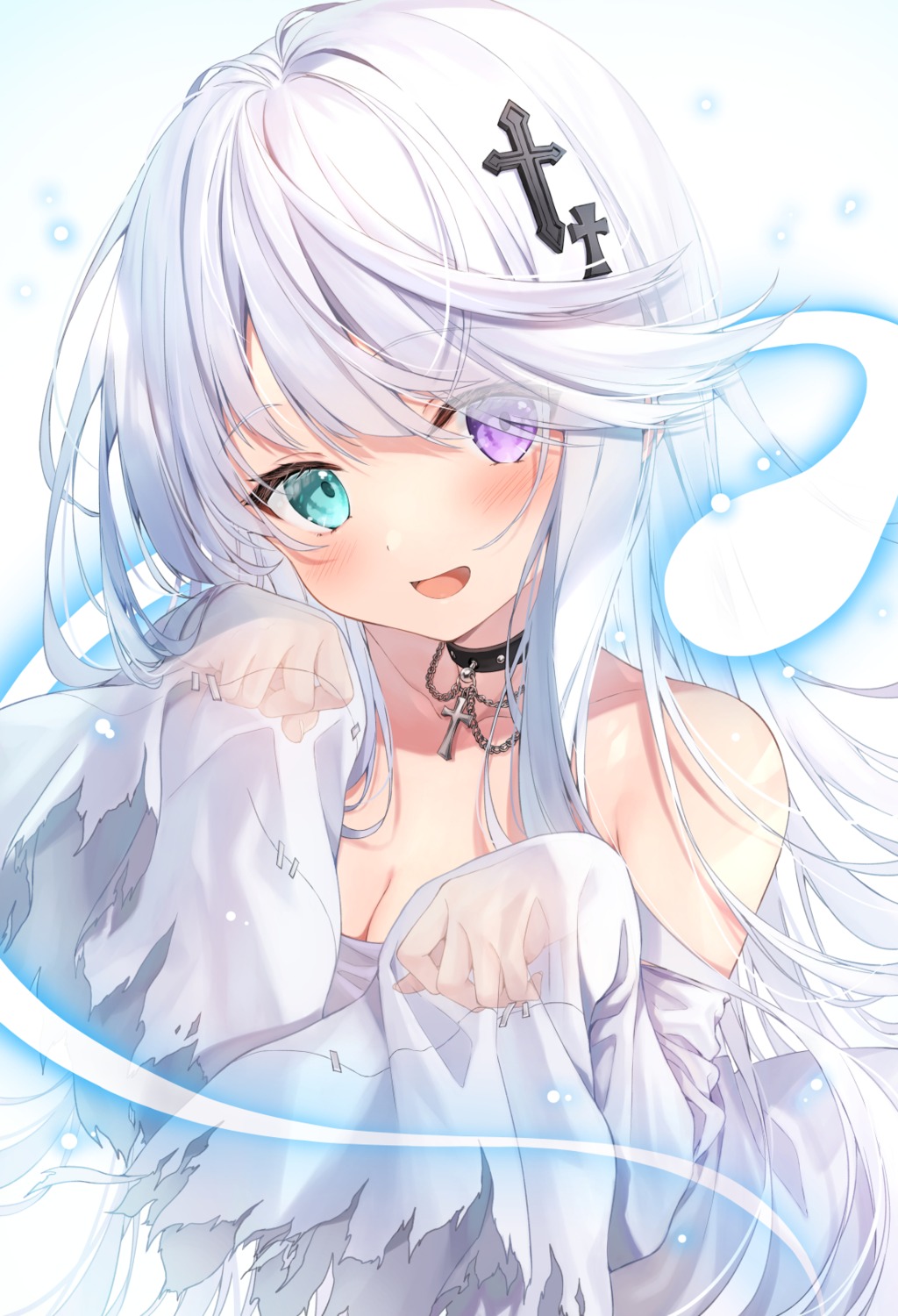 cleavage heterochromia kakao_rantan no_bra see_through torn_clothes