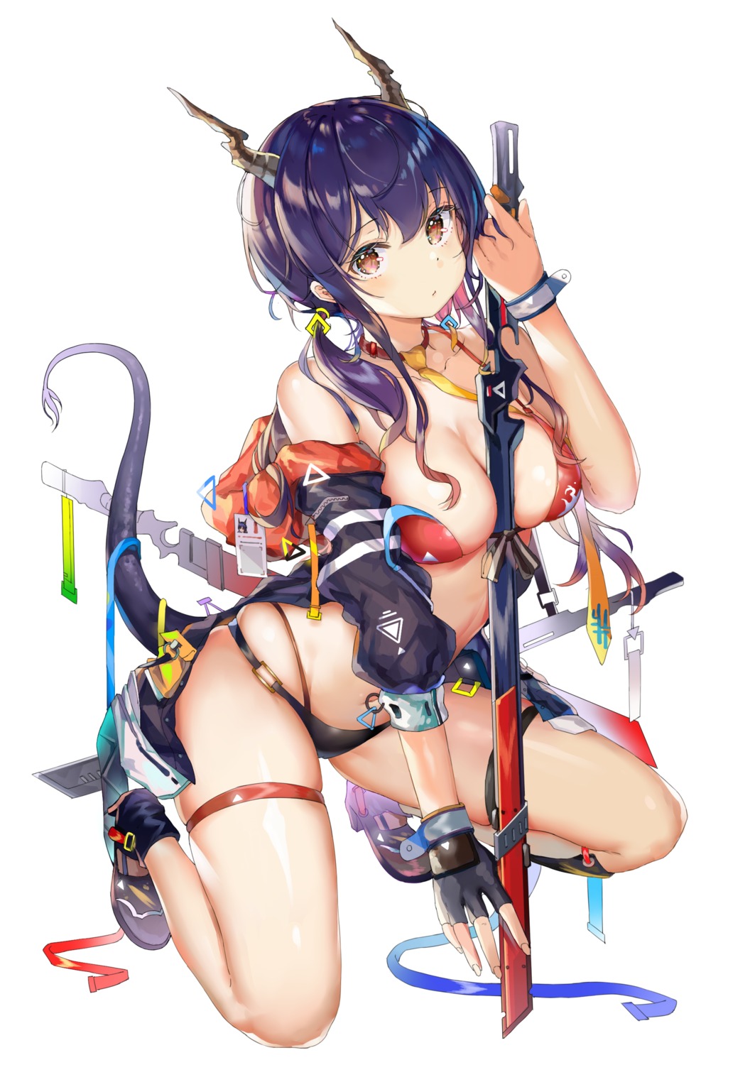 arknights bikini breast_hold ch'en_(arknights) garter heels horns kiriko_(araragikoyomi) open_shirt swimsuits sword tail wardrobe_malfunction