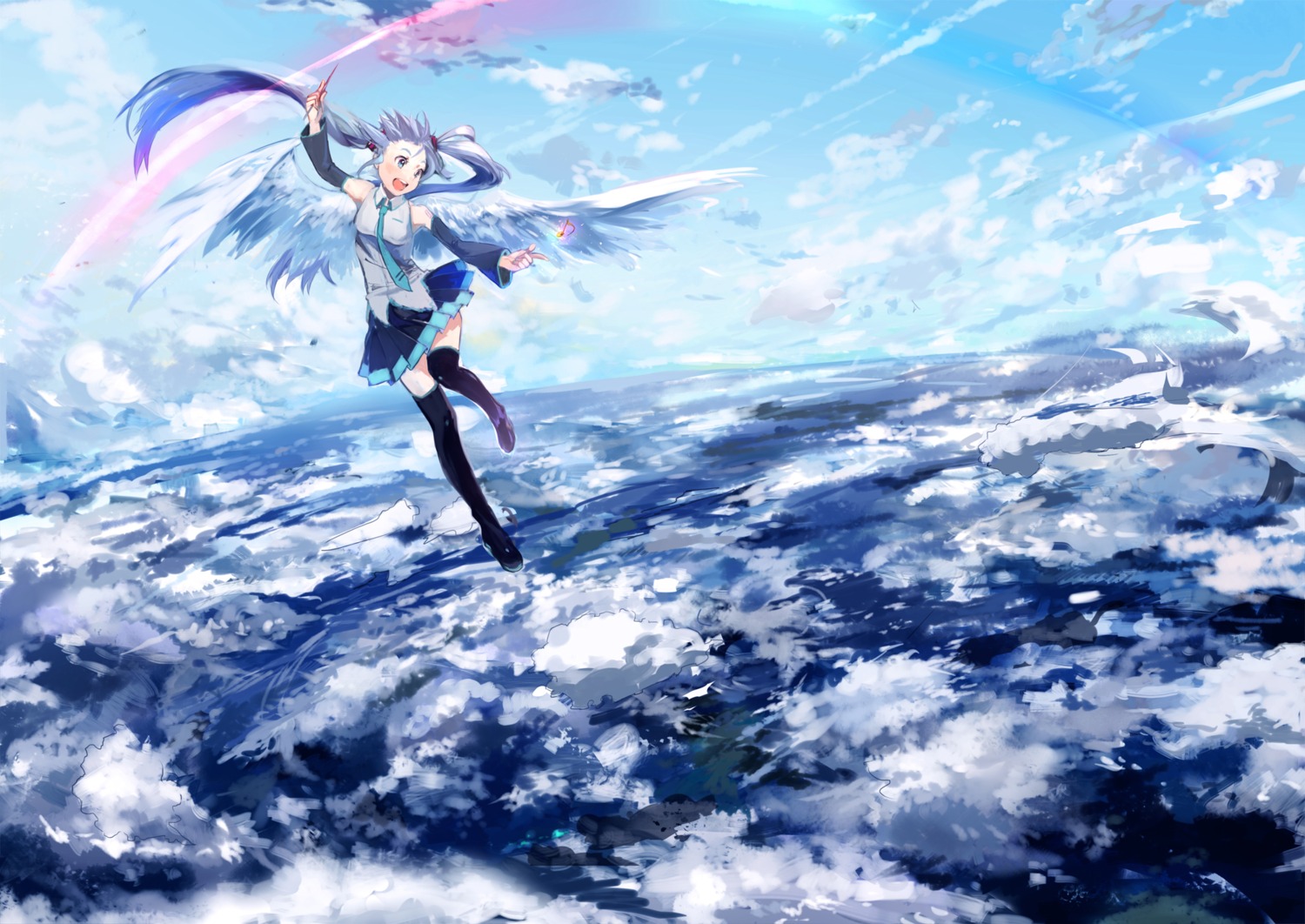 hatsune_miku landscape thighhighs ume_(plumblossom) vocaloid wings