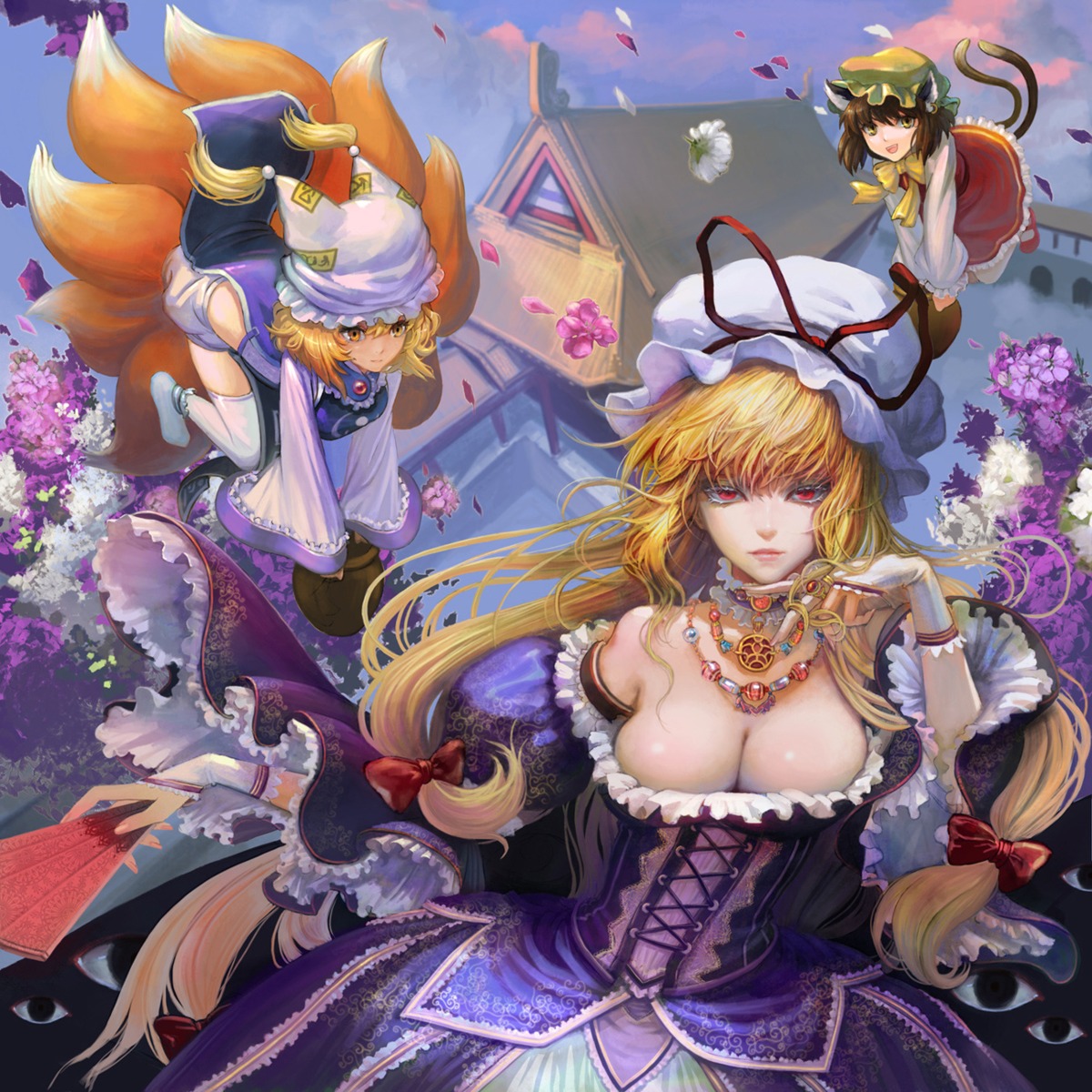 chen cleavage touhou xiaji yakumo_ran yakumo_yukari