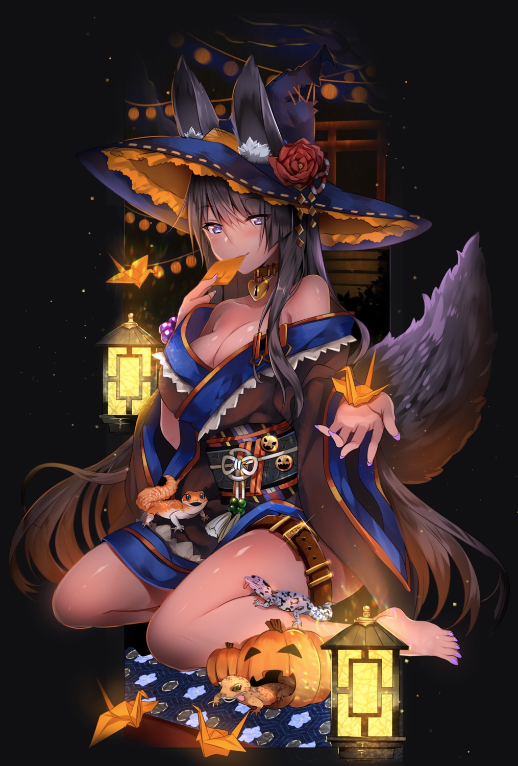 animal_ears cleavage garter halloween japanese_clothes tail usagihime witch