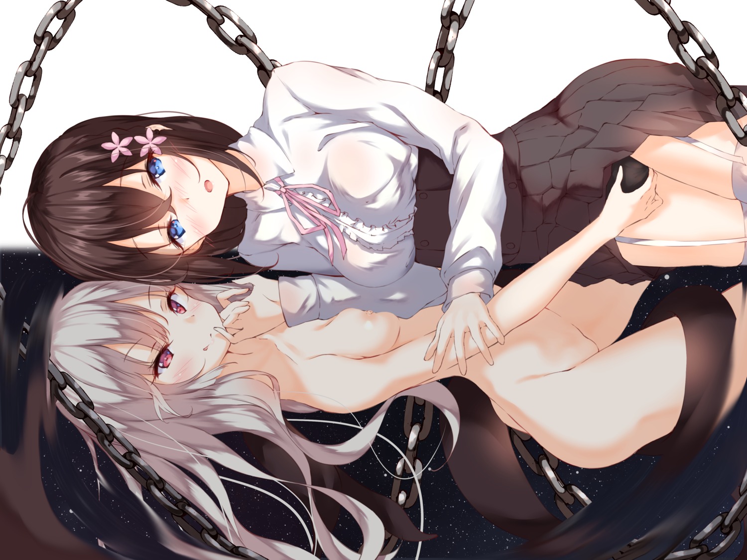 fingering naked nipples no_bra numpopo pantsu skirt_lift stockings thighhighs yuri