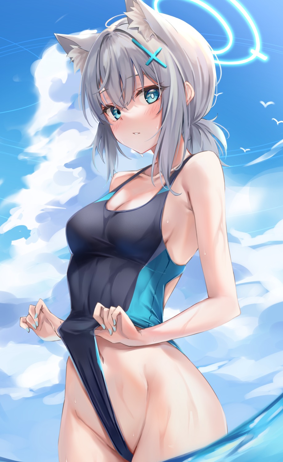 animal_ears blue_archive cleavage halo marisasu_(marisa0904) nekomimi pubic_hair sunaookami_shiroko swimsuits wet