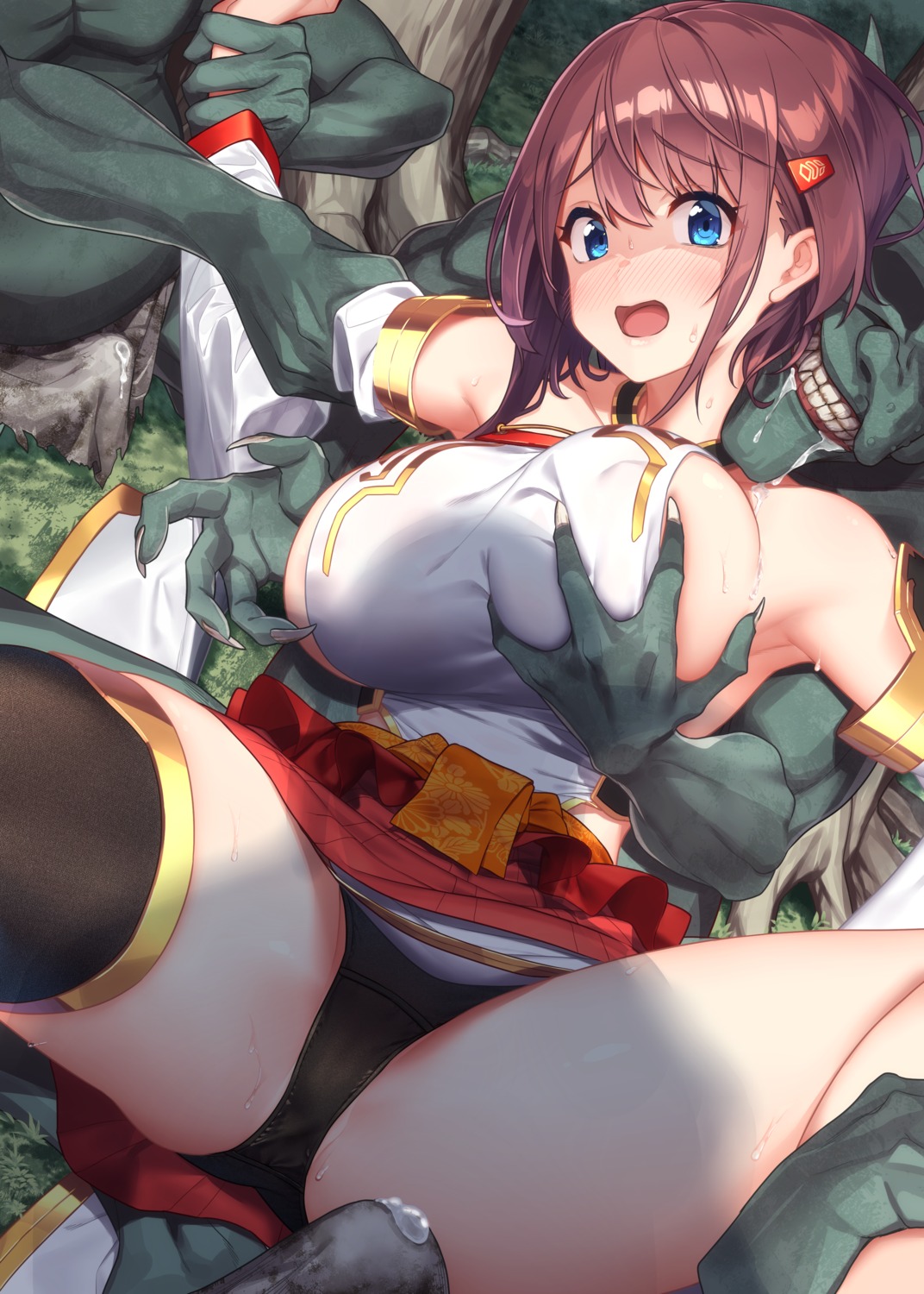 baffu breast_grab erect_nipples hitoyo_(baffu) monster no_bra pantsu skirt_lift thighhighs