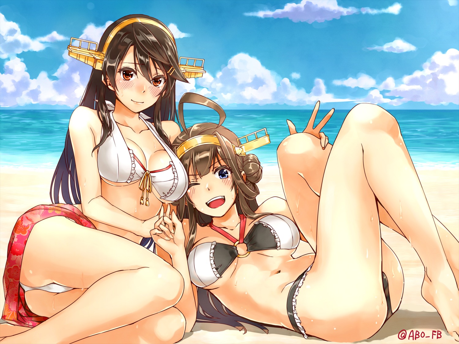 bikini caesar_et_cleopatra cleavage haruna_(kancolle) kantai_collection kongou_(kancolle) swimsuits underboob