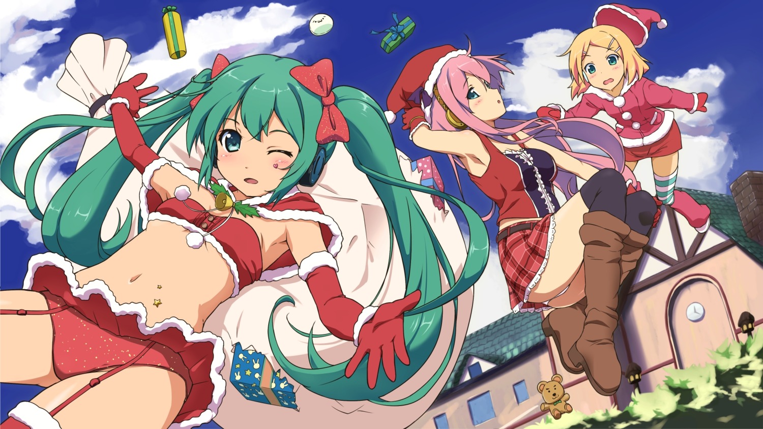 christmas hatsune_miku kagamine_rin kotobamaru megurine_luka pantsu stockings thighhighs vocaloid wallpaper