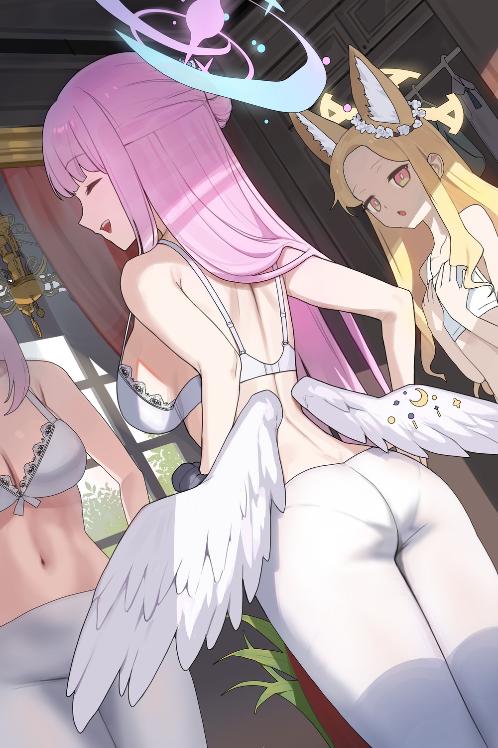 angel animal_ears ass blue_archive bra misono_mika pantsu pantyhose puckjjick_(belbesi19) wings yurizono_seia