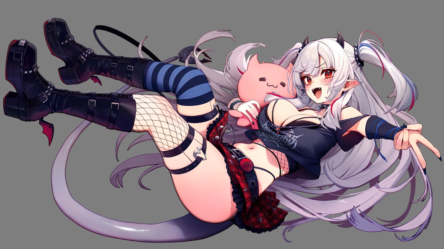 bra clickdraws fishnets garter horns indie_virtual_youtuber lucy_pyre pointy_ears skirt_lift stockings tail thighhighs torn_clothes transparent_png