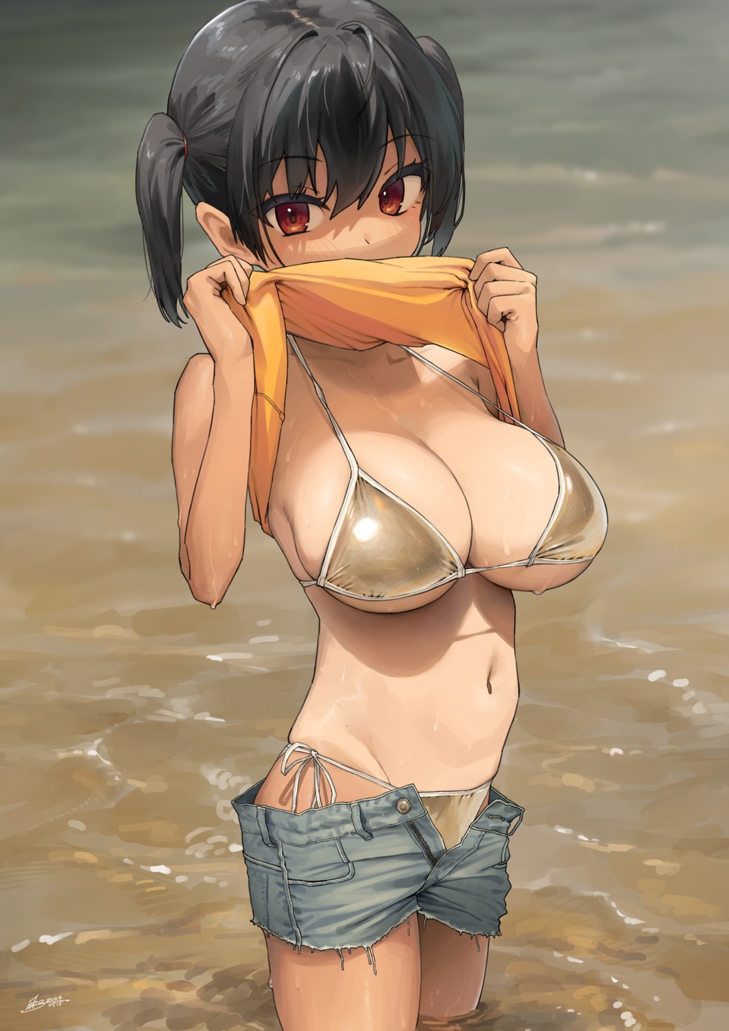 bikini gaki_kyonyuu kaedeko_(kaedelic) sasaki_kanna shirt_lift swimsuits tan_lines torn_clothes undressing wet