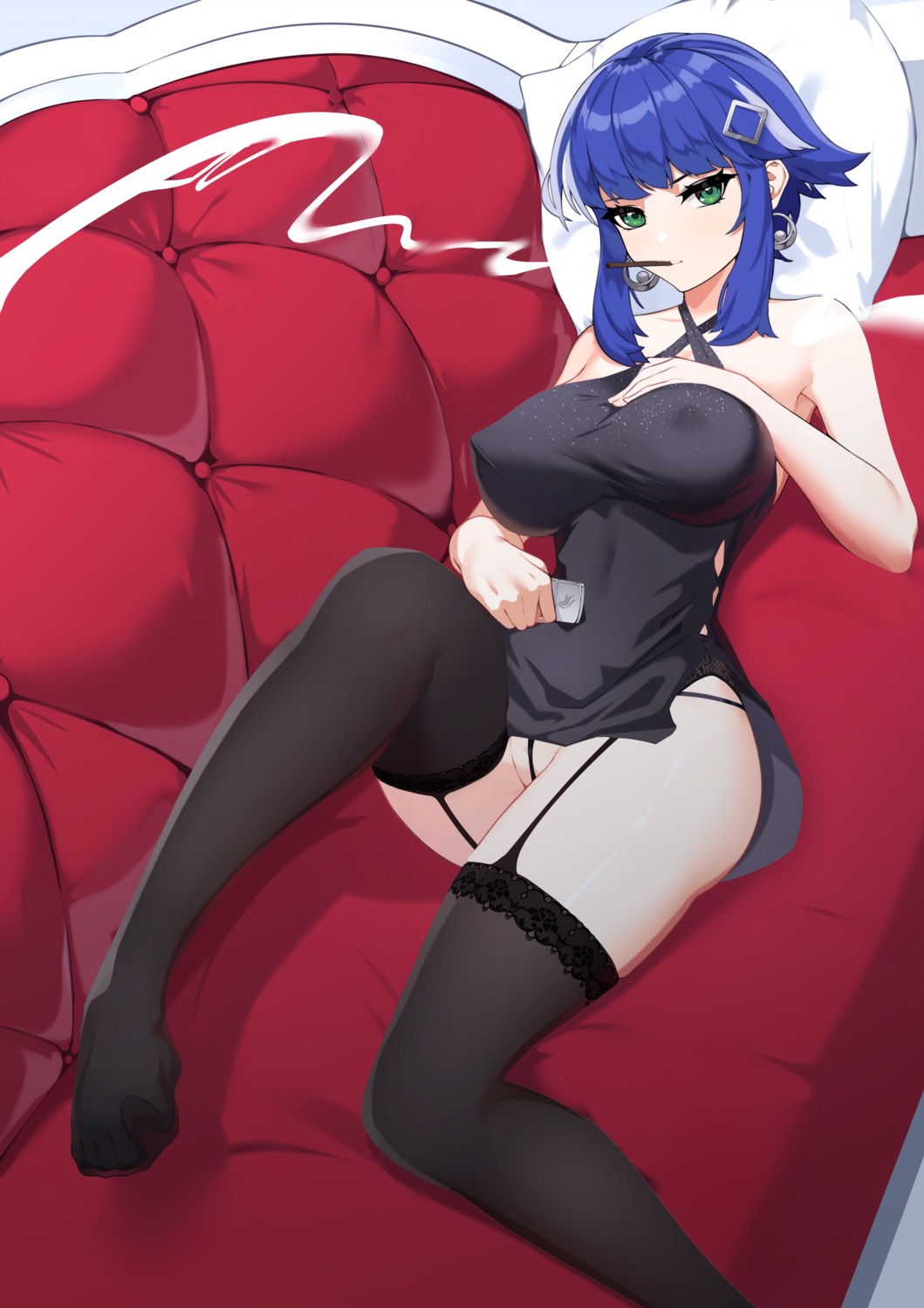 dress erect_nipples ett last_origin no_bra pantsu skirt_lift smoking stockings thighhighs thong