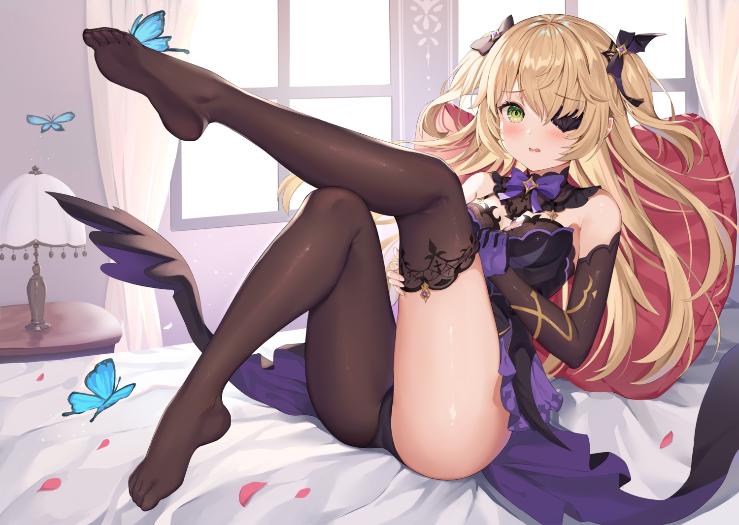 cleavage eyepatch feet fischl fishnets genshin_impact kizuna leotard no_bra skirt_lift thighhighs