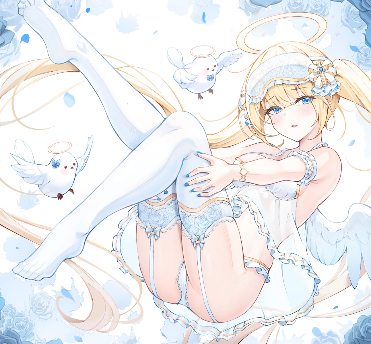 angel garter_belt kira_(kira78718520) pantsu see_through skirt_lift stockings thighhighs thong wings