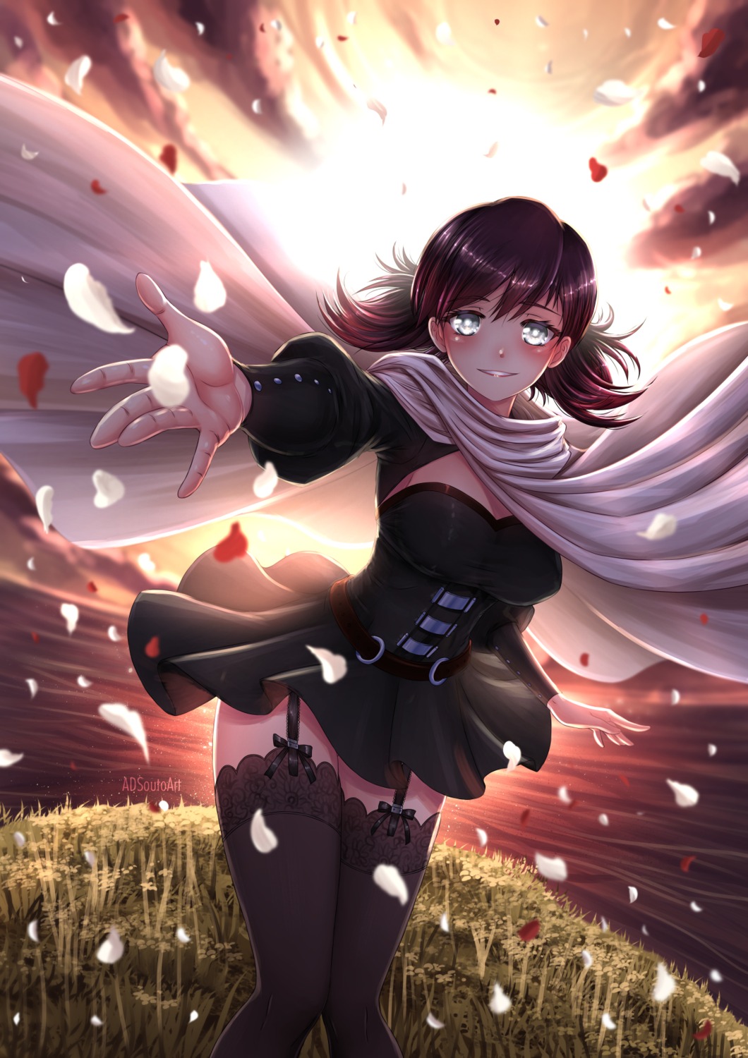 adsouto cleavage rwby skirt_lift stockings summer_rose thighhighs