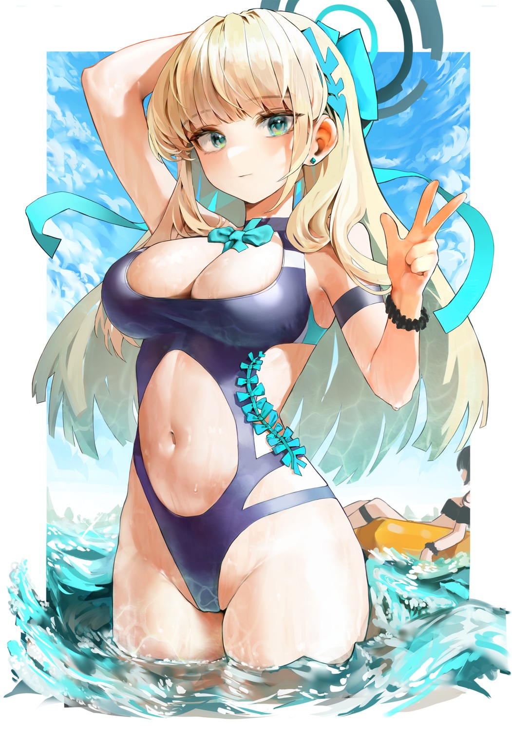 asuma_toki blue_archive halo swimsuits wet yoncha