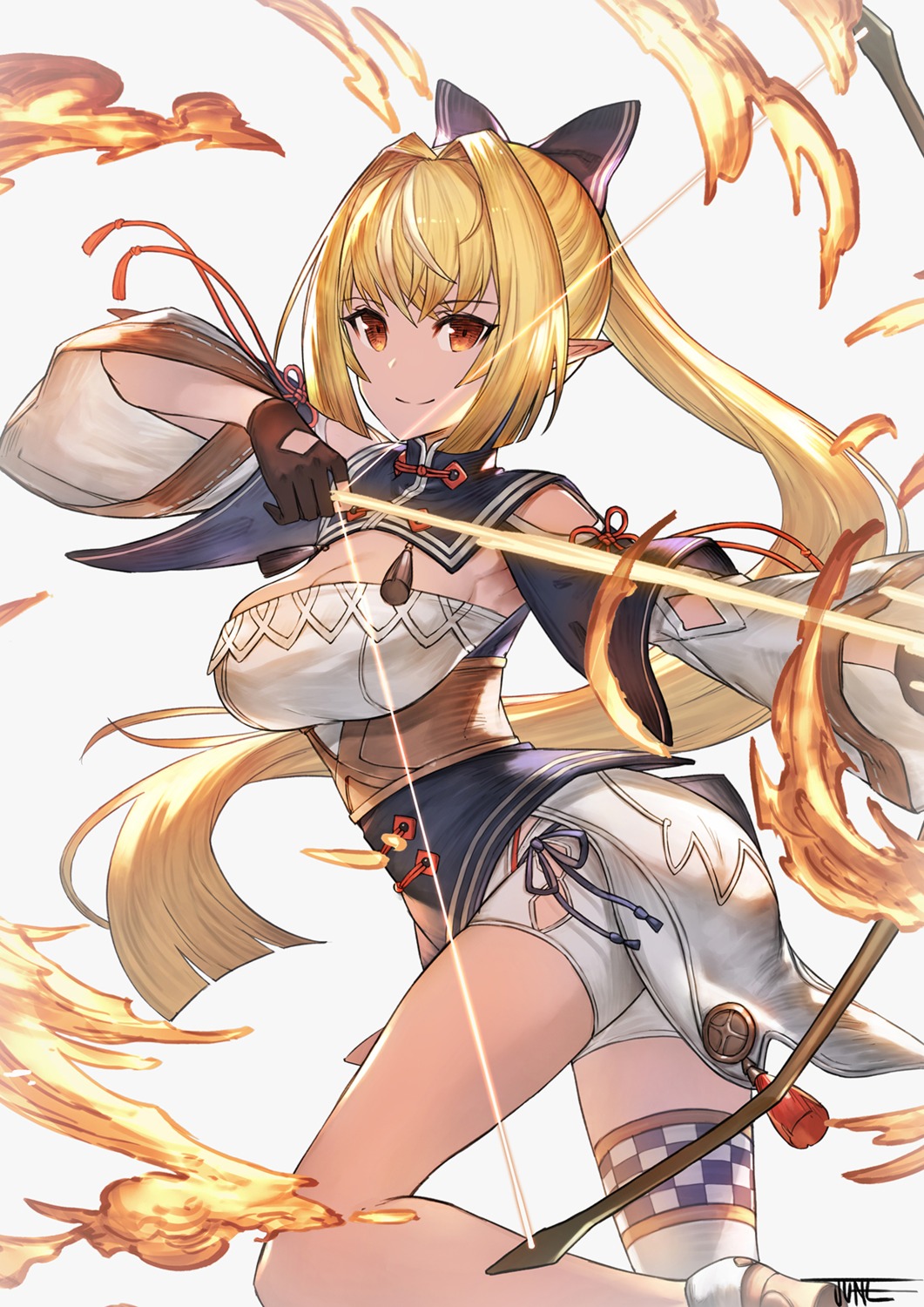 elf hololive jun_wei pointy_ears shiranui_flare thighhighs weapon