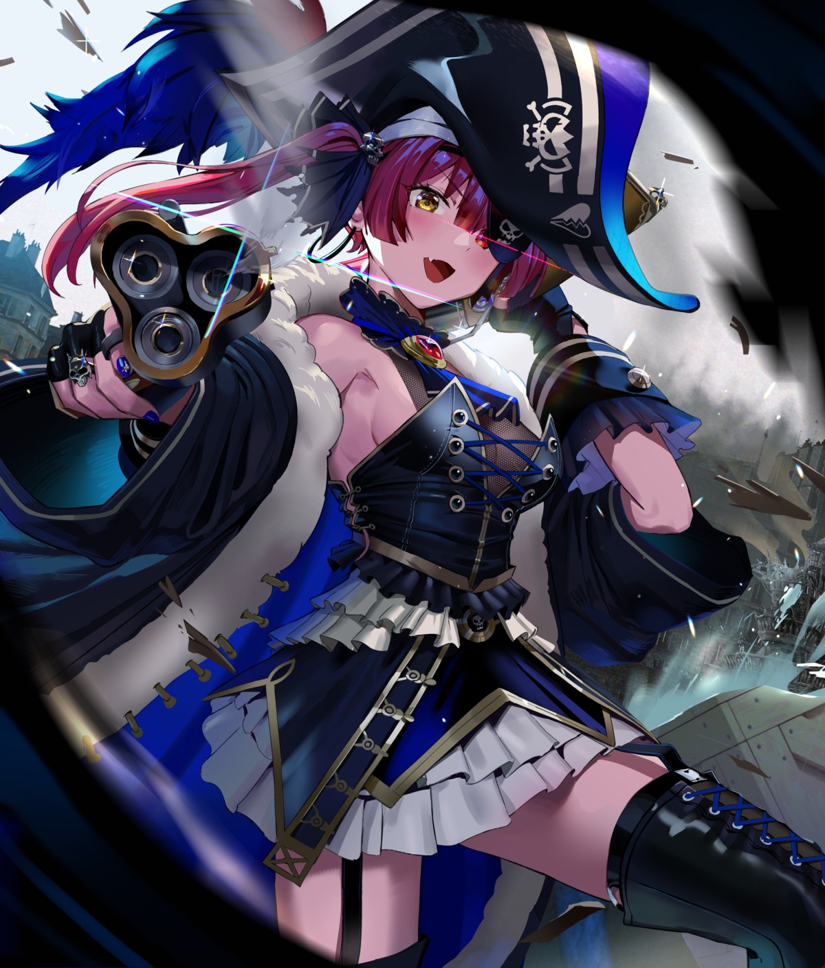 eyepatch fishnets gun heterochromia hololive houshou_marine no_bra pirate see_through ssamjang_(misosan) stockings thighhighs