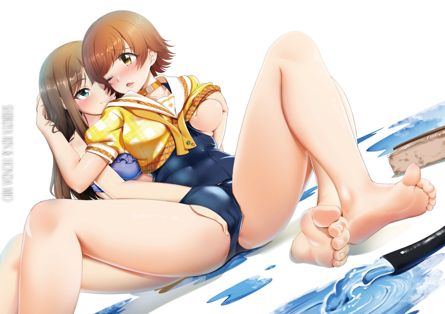 bikini_top breast_grab casino_(casinoep) feet fingering honda_mio school_swimsuit seifuku shibuya_rin shirt_lift swimsuits the_idolm@ster the_idolm@ster_cinderella_girls yuri