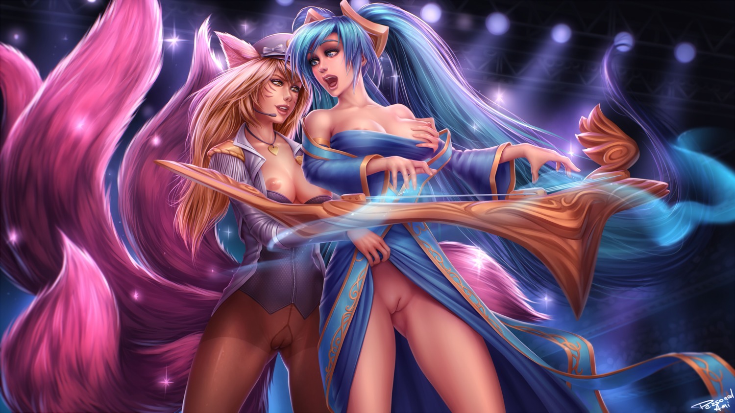 ahri animal_ears asian_clothes breast_hold breasts kitsune league_of_legends nipples no_bra nopan pantyhose personal_ami pussy see_through skirt_lift sona_buvelle tail uncensored uniform wallpaper yuri
