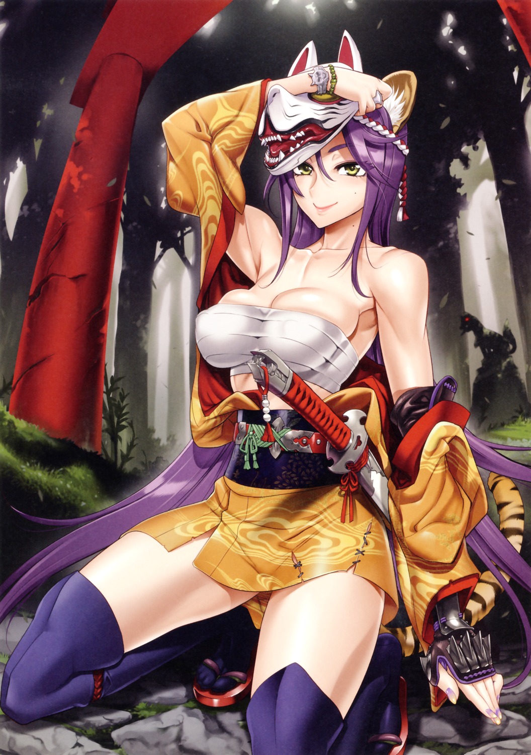 animal_ears cleavage erect_nipples inazuma kimono sarashi sword thighhighs undressing