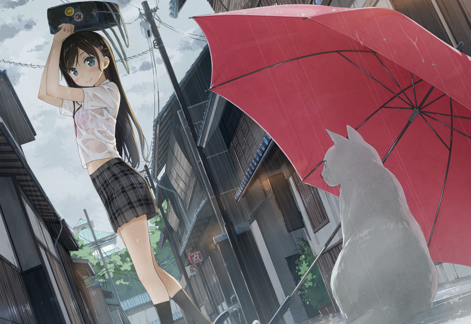 bra kantoku miyaguchi_hiromi_(kantoku) neko see_through seifuku umbrella wet wet_clothes