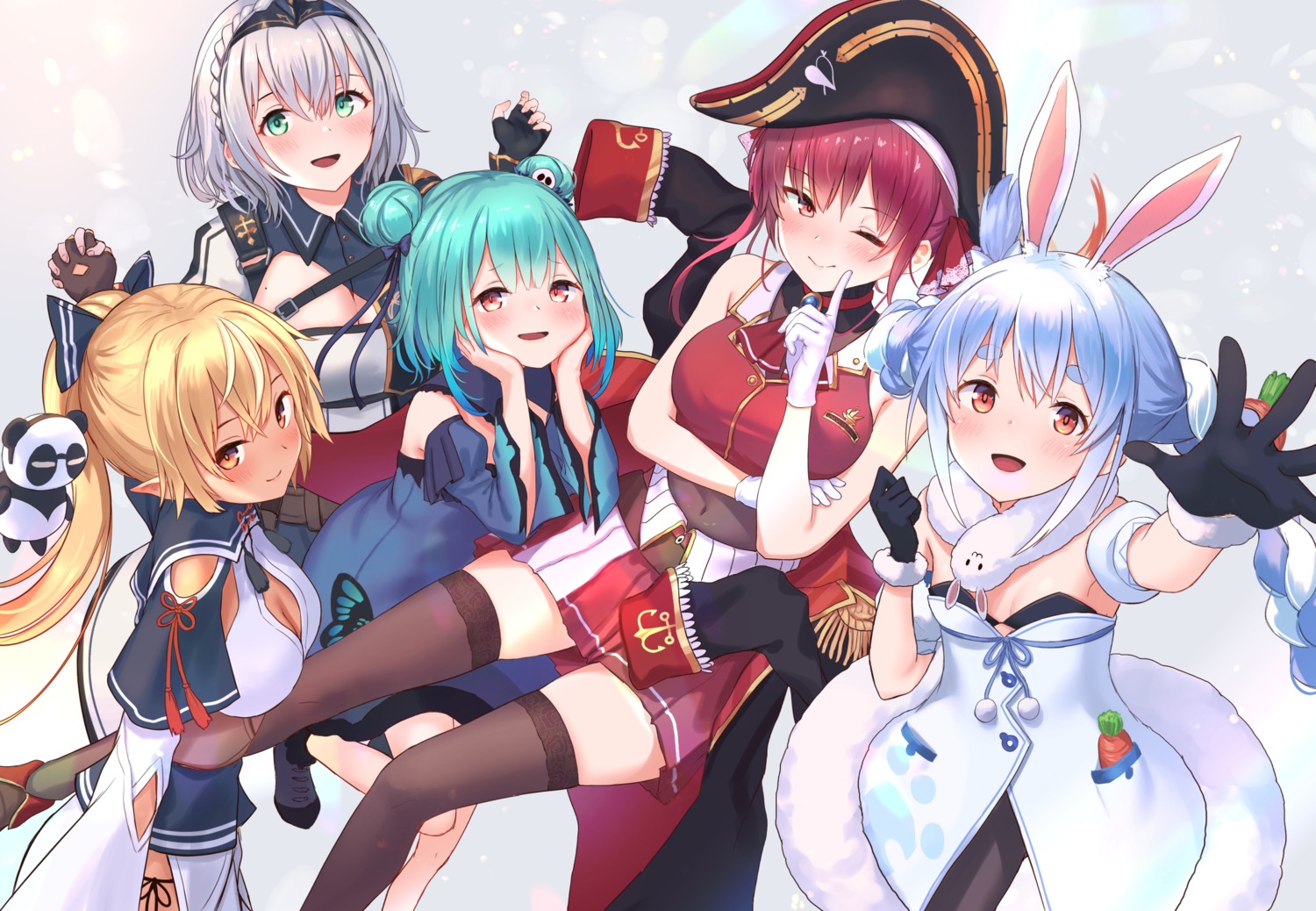 animal_ears asian_clothes bunny_ears bunny_girl cleavage dress elf hololive houshou_marine no_bra pantsu pantyhose pirate pointy_ears roke_(taikodon) shiranui_flare shirogane_noel string_panties thighhighs uruha_rushia usada_pekora