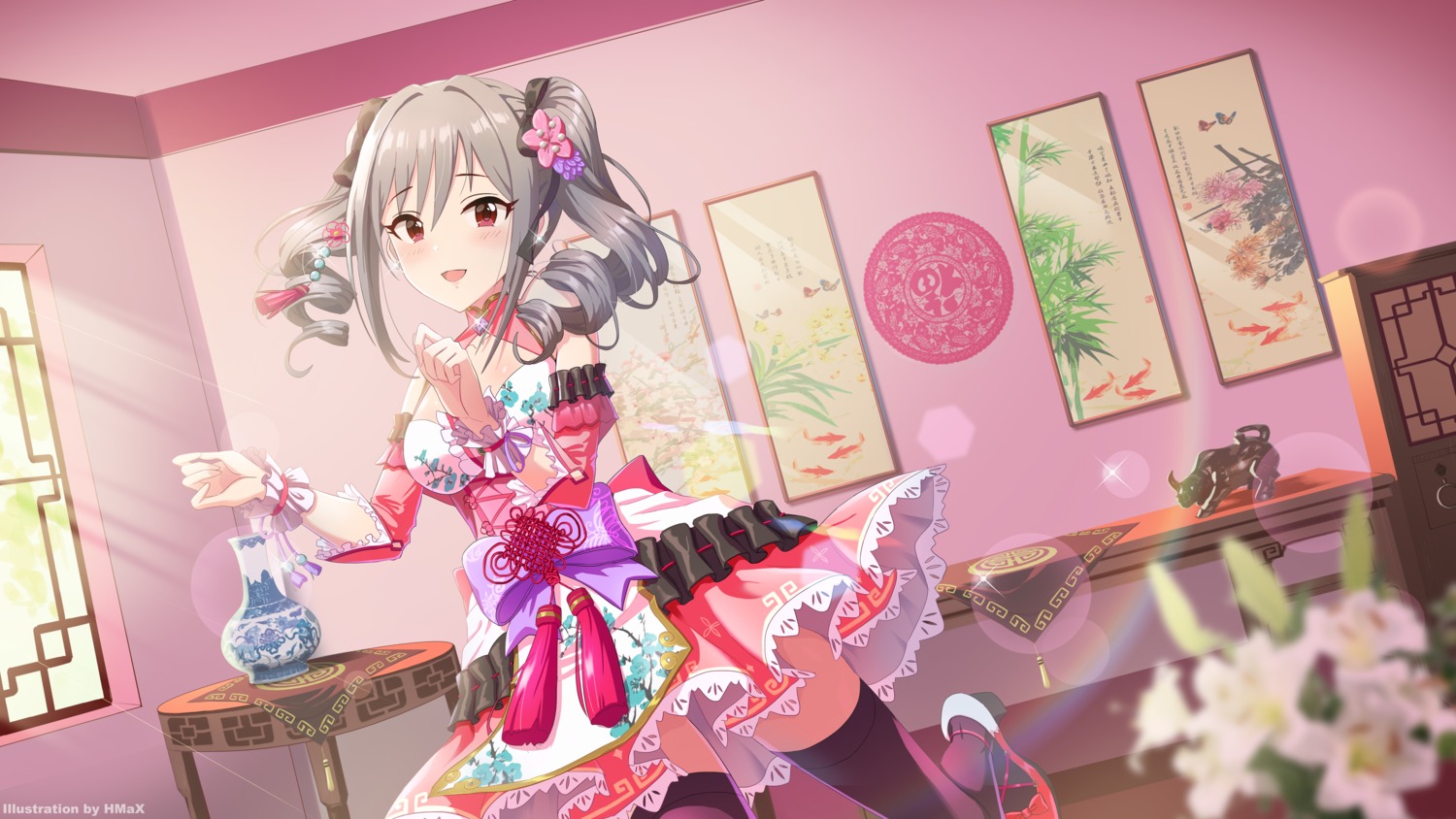 asian_clothes heels hmax kanzaki_ranko skirt_lift the_idolm@ster the_idolm@ster_cinderella_girls thighhighs