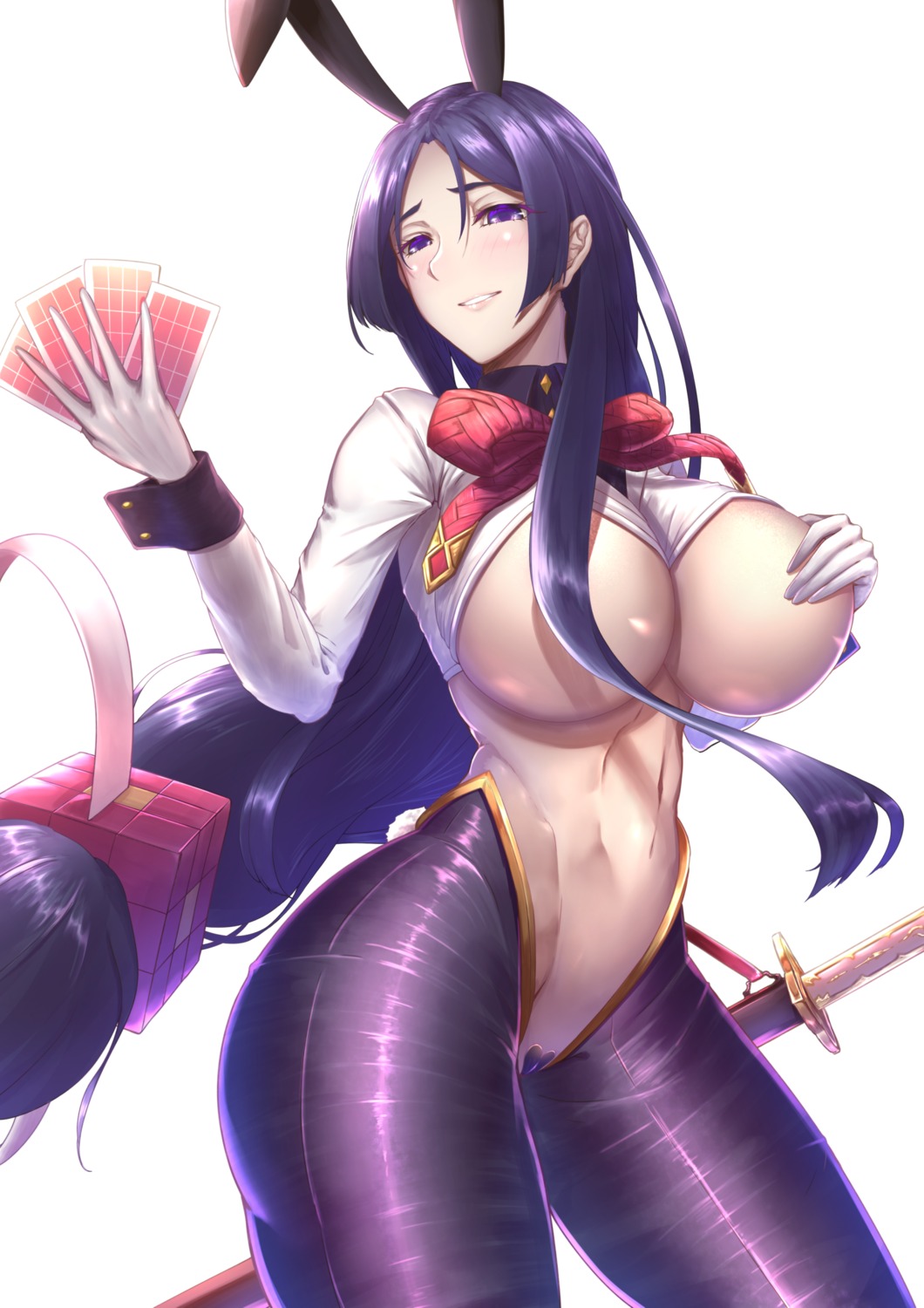 animal_ears breast_hold breasts bunny_ears bunny_girl fate/grand_order maebari minamoto_no_raikou_(fate/grand_order) no_bra nopan pantyhose pasties shiroshisu sword