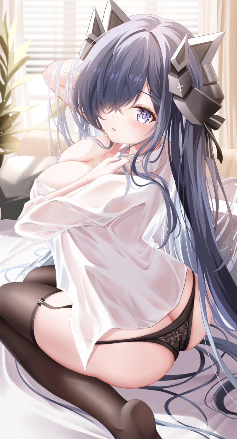 ass august_von_parseval_(azur_lane) azur_lane dress_shirt horns no_bra open_shirt pantsu proverbs_zhenyan see_through stockings thighhighs