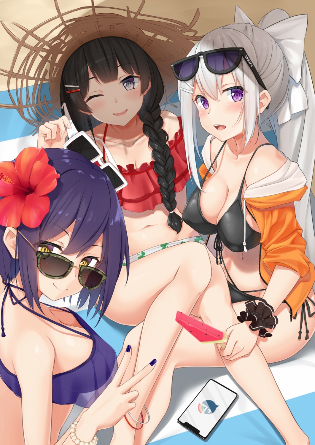 bikini cleavage erect_nipples higuchi_kaede megane mirea nijisanji open_shirt see_through shizuka_rin swimsuits tsukino_mito