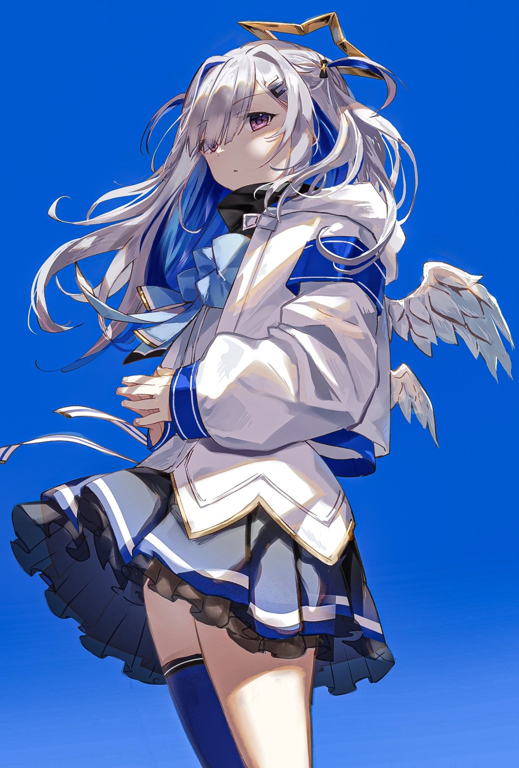 amane_kanata angel eto_sister hololive seifuku skirt_lift thighhighs wings