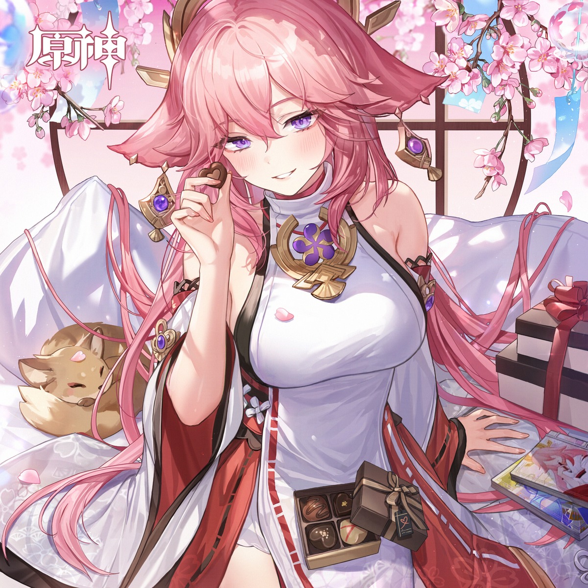 animal_ears genshin_impact japanese_clothes kitsune no_bra valentine whoisshe yae_miko