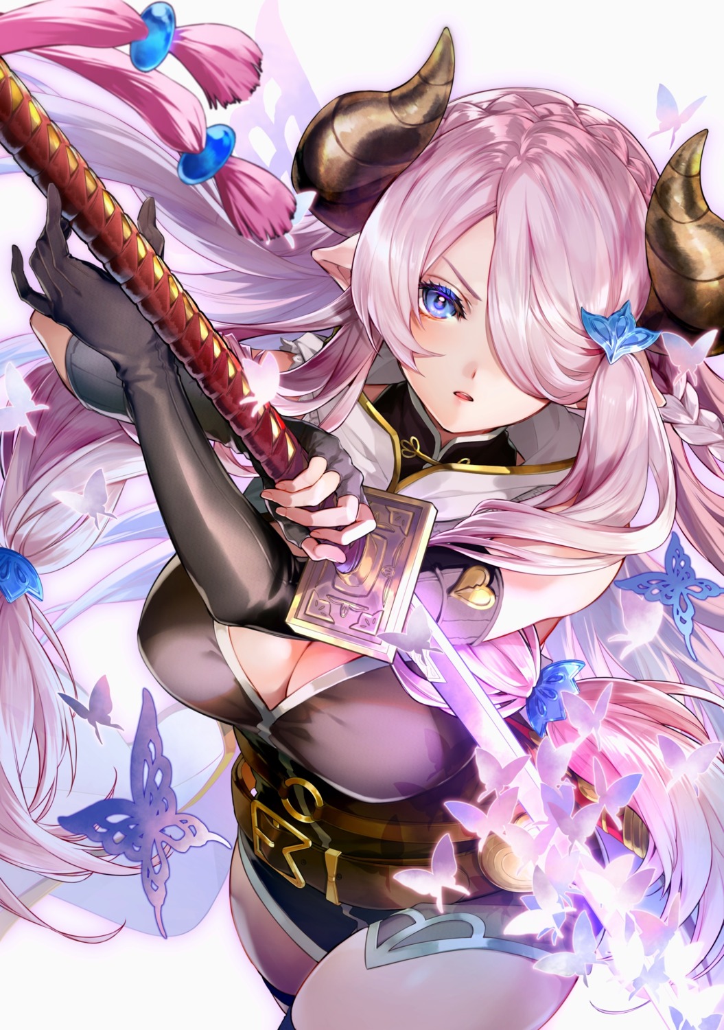 cleavage granblue_fantasy horns narumeia_(granblue_fantasy) pointy_ears sanbabasanba sword thighhighs