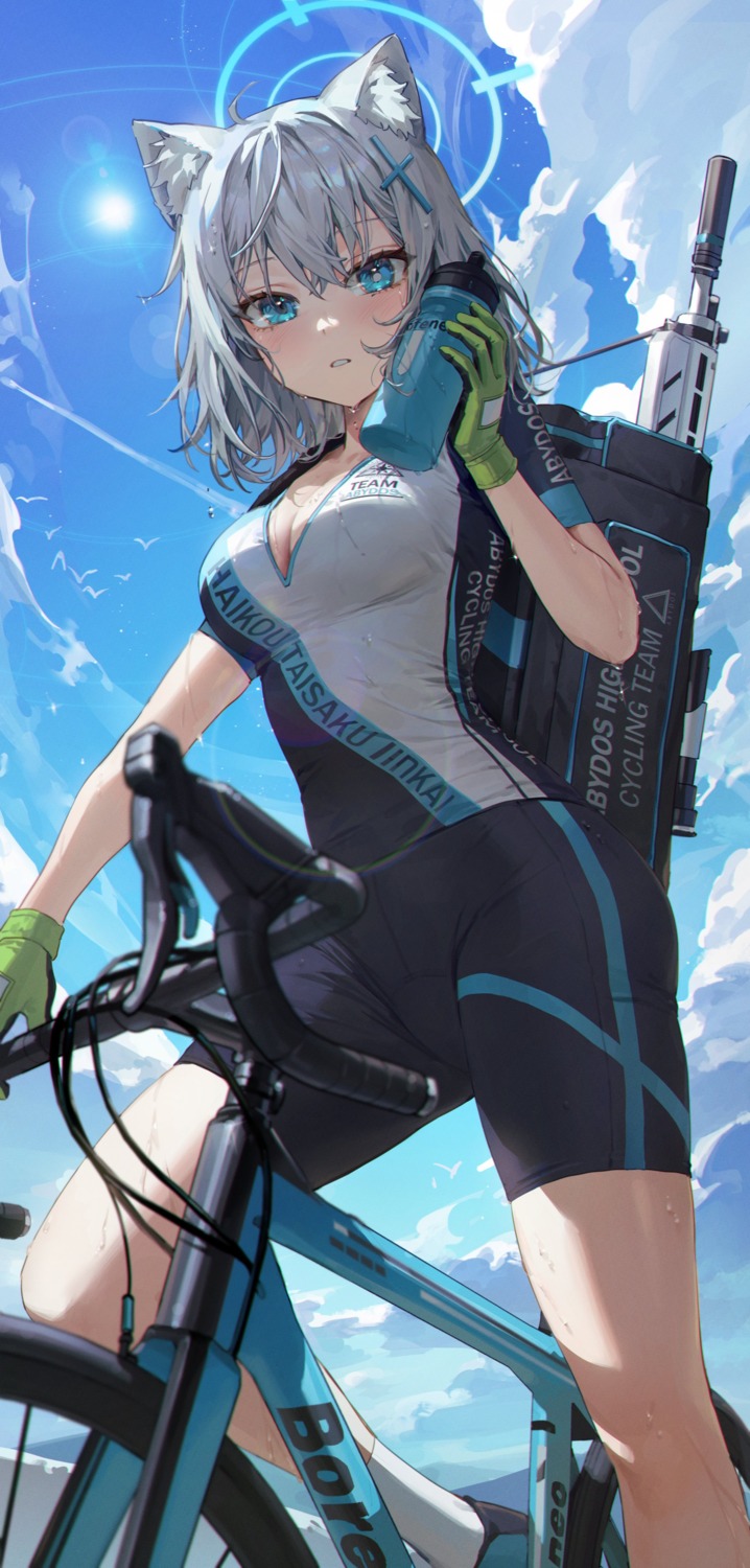 animal_ears bike_shorts blue_archive cleavage gun gym_uniform halo kellymonica02 nekomimi open_shirt sunaookami_shiroko